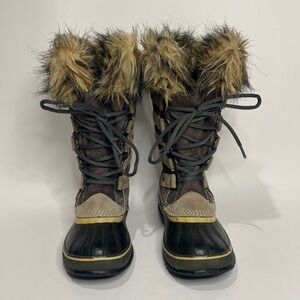 SOREL JOAN OF ARCTIC SNOW BOOTS FAUX FUR WATERPROOF BLACK & TAUPE WOMEN’S SZ 5